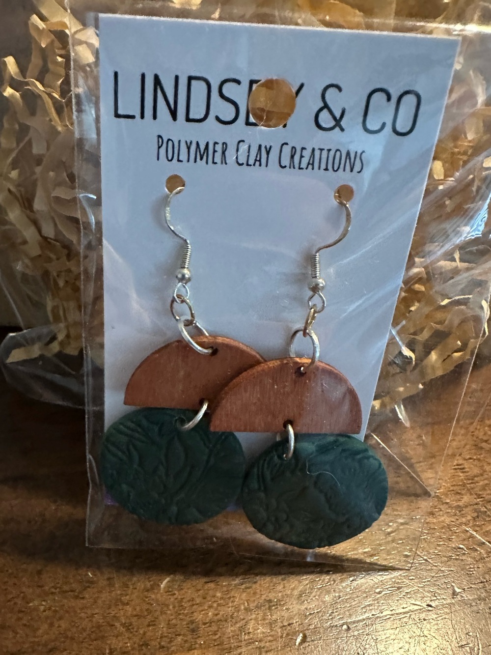 Lindsey & Co Two-Tone Polymer Clay Dangle Earrings - Wood & Dark Teal